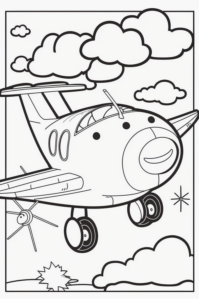 coloring page cute airplane on the sky