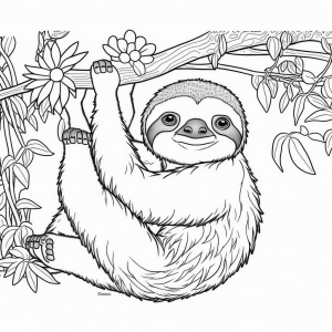 Happy sloth Coloring Page hanging on a tree