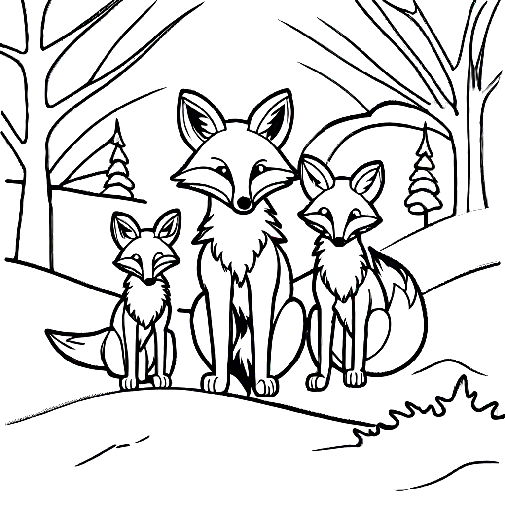 Adorable fox family coloring page playing in the snow