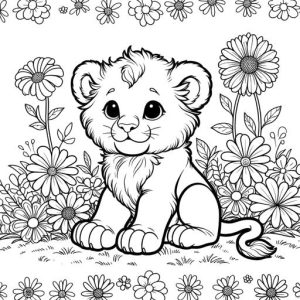 Adorable lion cub coloring page with grass and flowers