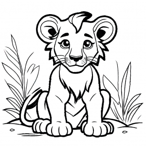 Lion cub sitting with friendly expression