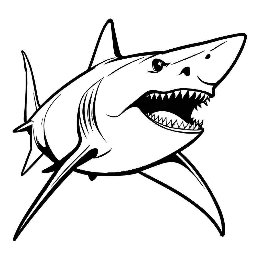 Black and white shark and fish coloring page