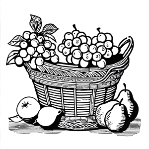Woven basket with grapes, pears, and lemons coloring page