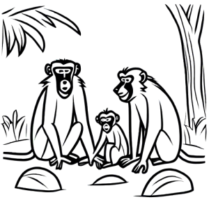 Wild baboon family playing together Coloring Page