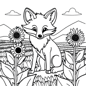 Cute baby fox coloring page exploring sunflower field