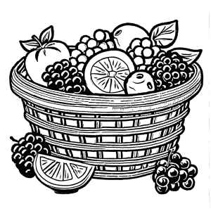 Basket with raspberries, blackberries, and limes coloring page