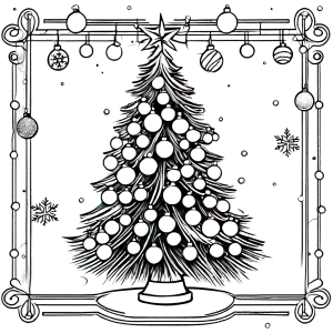 Black and white sketch of Christmas tree with ornaments and lights for coloring