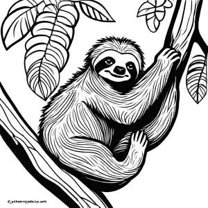 Sloth lounging on a tree limb in doodle style coloring page