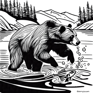 Brown bear catching fish in the river coloring page
