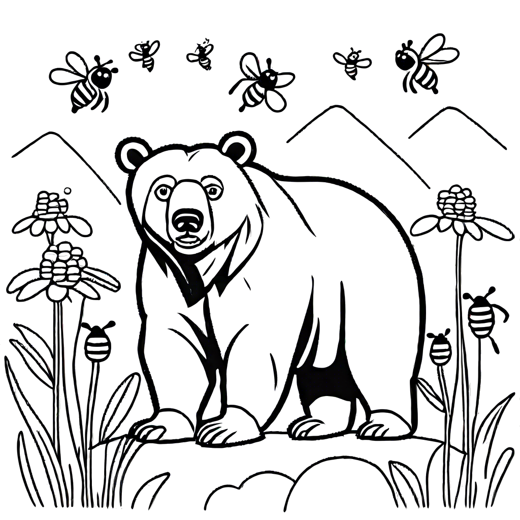 Brown bear with bees flying around it coloring page