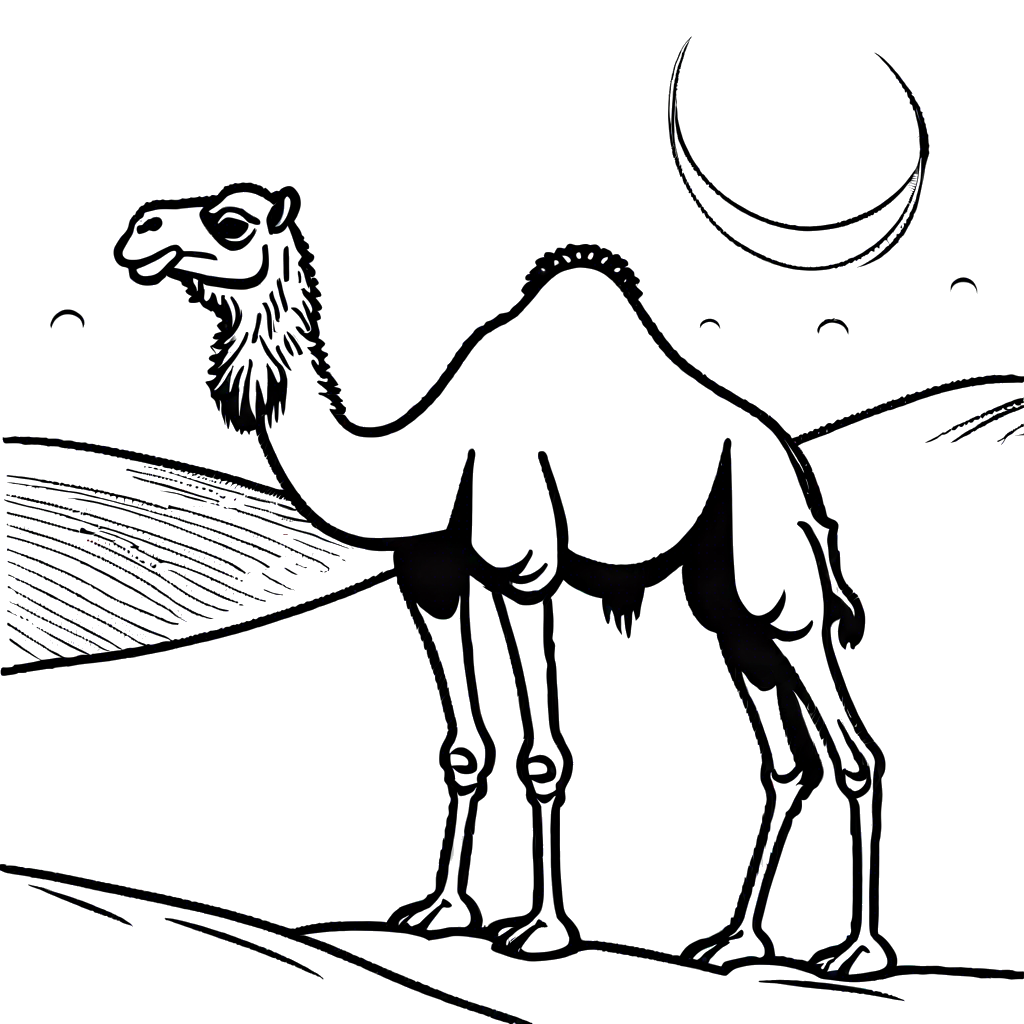 Cartoon camel on desert dune coloring page