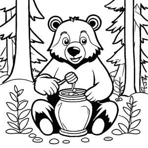 Cartoonish brown bear sitting with honey pot coloring page