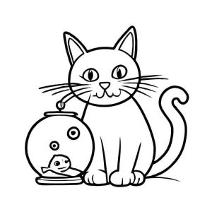 Cat with fish toy charming sketch coloring page