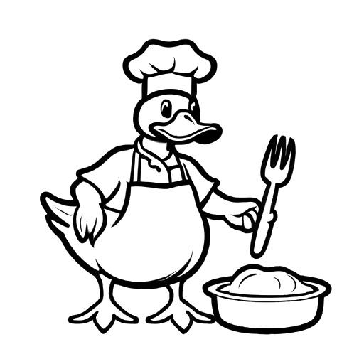 Duck with chef's hat and apron cooking in the kitchen coloring page