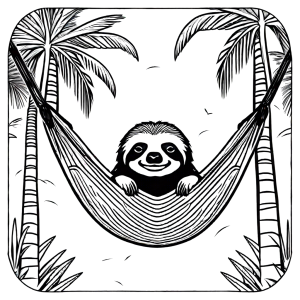 Sloth relaxing on hammock between palm trees coloring page