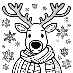 Friendly Christmas reindeer with cozy scarf in falling snow