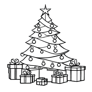 Outline of Christmas tree with presents for coloring
