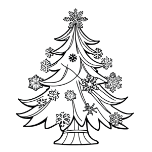 Line art of Christmas tree with snowflakes and bow for coloring
