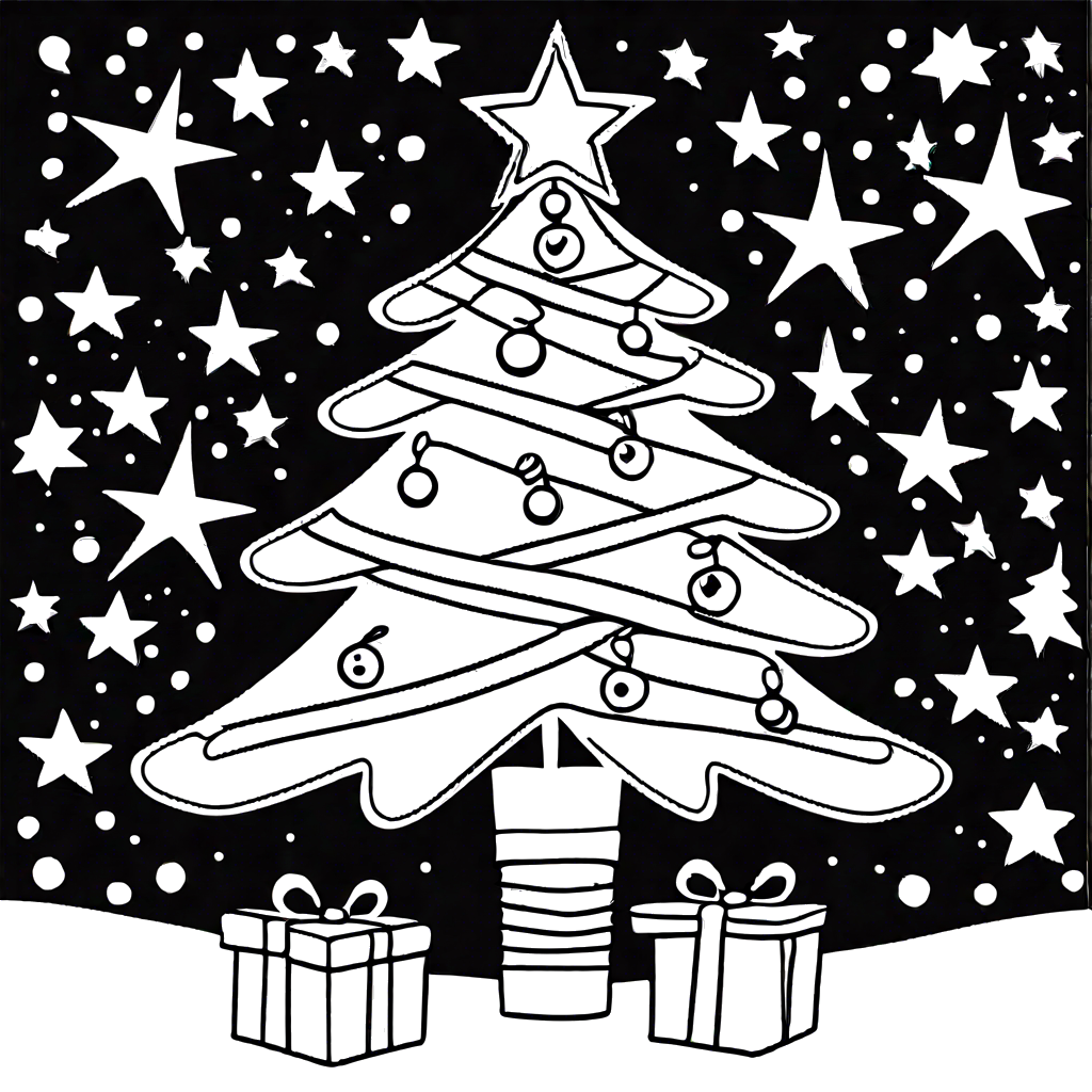 Drawing of Christmas tree with stockings and star for coloring