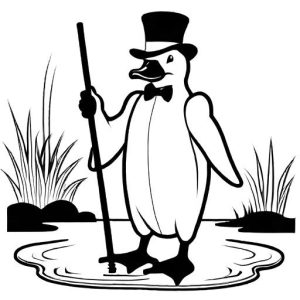Duck with a top hat and cane standing by a pond coloring page