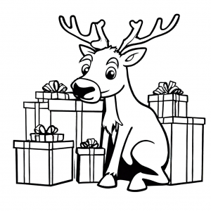 Curious reindeer peeking out from behind Christmas presents coloring page