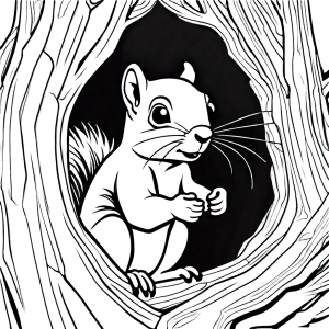 Curious squirrel peeking out of tree hollow coloring page