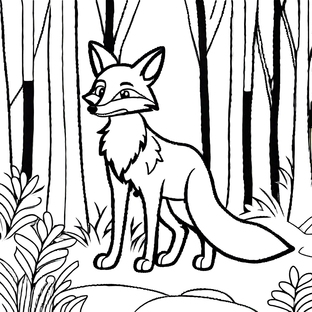 Fox coloring page in a forest clearing