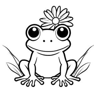 Cute frog with a flower on its head simple sketch coloring page