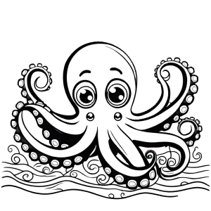 Outline of a cute octopus with large expressive eyes and curly tentacles on the ocean floor.
