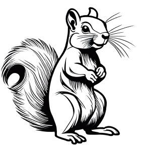 Cute squirrel with fluffy tail standing on hind legs coloring page