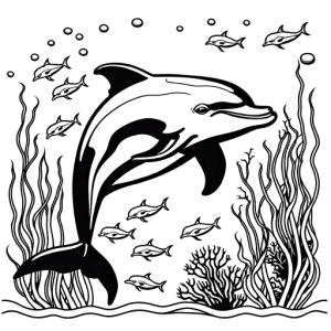Black and white sketch of dolphin with seaweed and coral reef