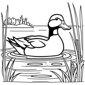 Scenic duck with pond and grass for coloring page