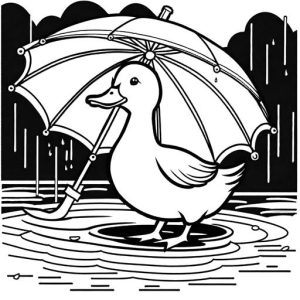 Duck holding umbrella in rainy weather for coloring page