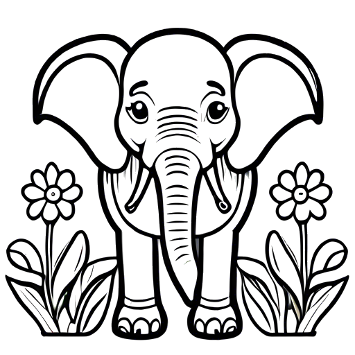 Elephant with flowers around it coloring page