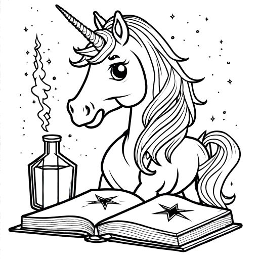Enchanting unicorn coloring page with potion and spell book