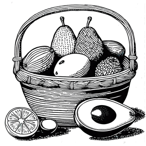 Woven basket with avocados, grapefruits, and mangosteens coloring page