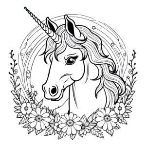 Unicorn coloring page with floral wreath and aura