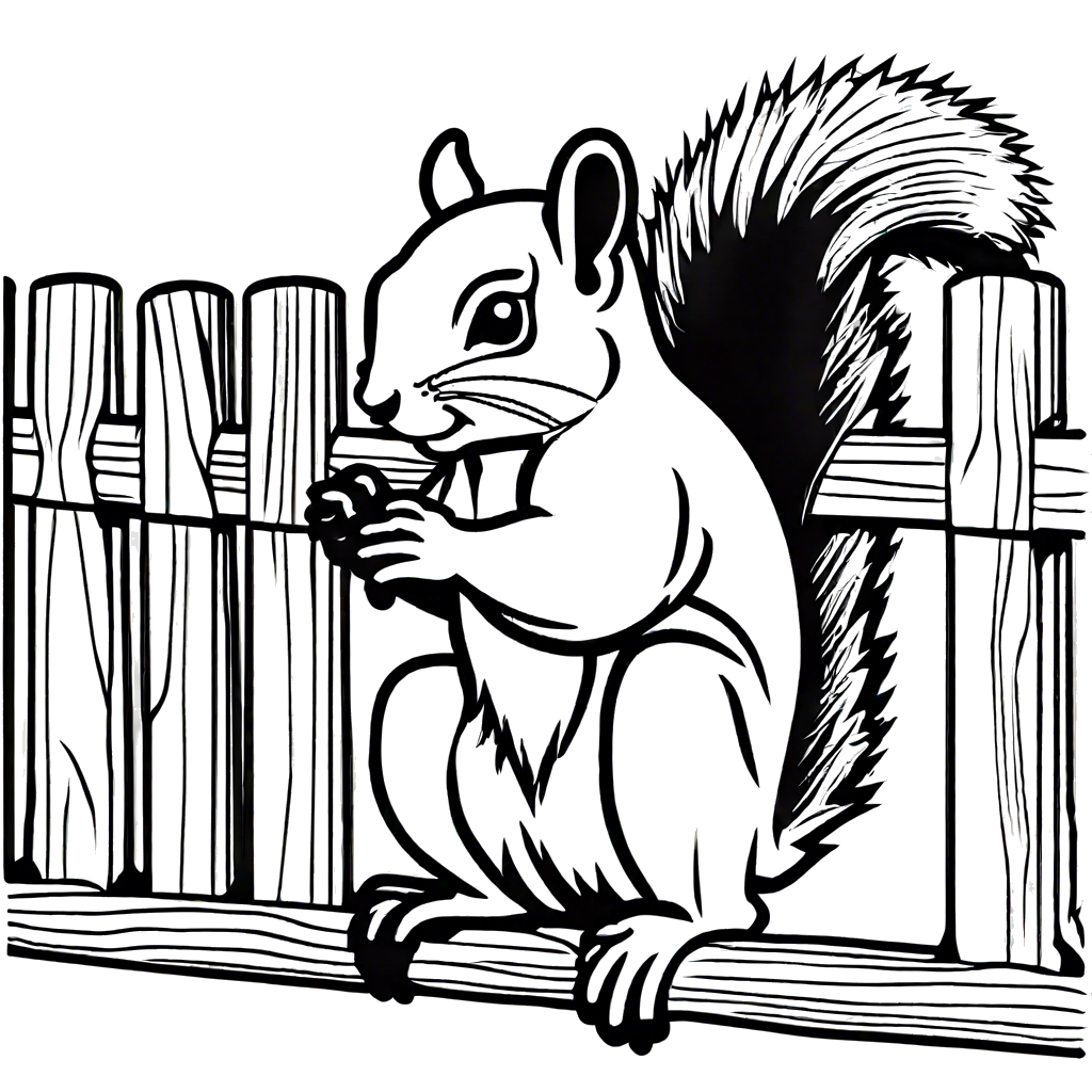 Outline of squirrel with fluffy tail on coloring page on fence