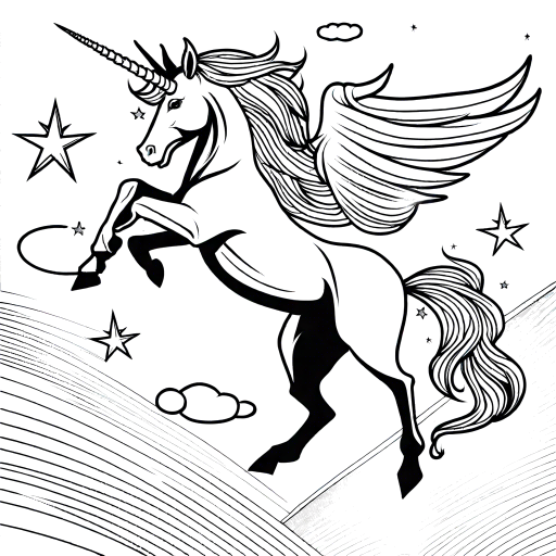 Flying unicorn coloring page with sparkly horn