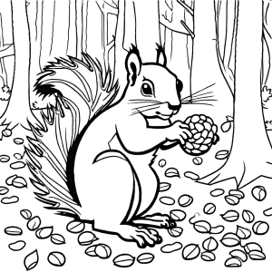 Squirrel gathering nuts in forest coloring page