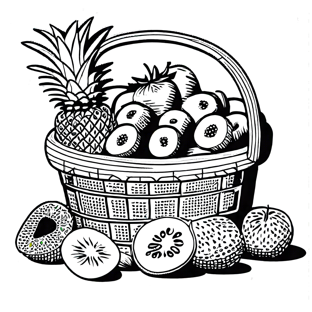 Collection of strawberries, kiwis, and pineapples in a basket coloring page