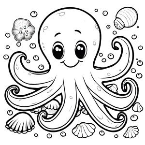 Cartoon octopus with a friendly smile and googly eyes, surrounded by seashells and starfish.