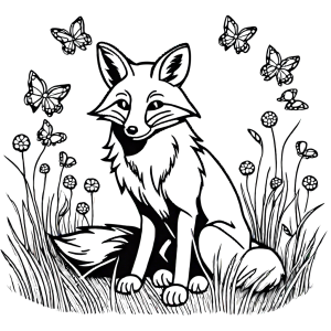 Friendly fox coloring page in a meadow with butterflies