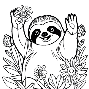 Sloth waving from colorful flowers coloring page