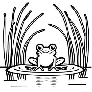 Frog in pond surrounded by reeds black and white drawing coloring page