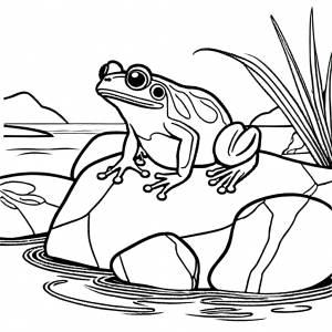 Frog sitting on a rock by the pond coloring page