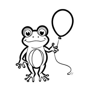 Frog holding a balloon and smiling outline coloring page