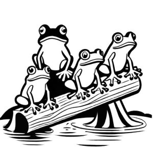 Group of frogs on a log in a pond line drawing coloring page