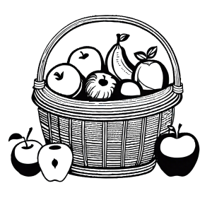 Fruit basket with apples, bananas, and oranges coloring page