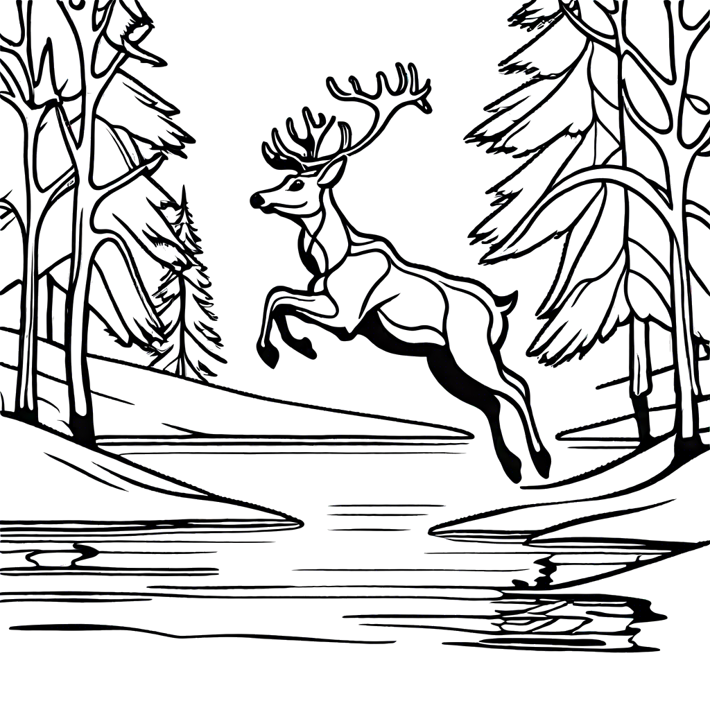Graceful reindeer leaping over frozen lake with snow-covered trees in the background coloring page